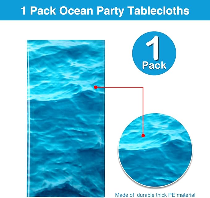 Irenare 1 Piece Ocean Waves Plastic Tablecloth 54 x 108 Inch Ocean Table Cover Water Print Table Cover Sea Tablecloth Blue for Beach Pool Birthday Party Decoration Shower Supplies