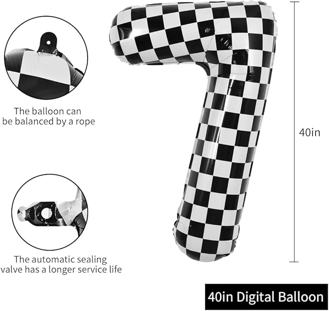 TONIFUL 40 Inch Checkered Number 7 Balloon 7th Race Car Birthday Party Supplies Black and White Large Number Balloon for Girls Boys 7th Birthday Fast Race Car Flag Party Decorations