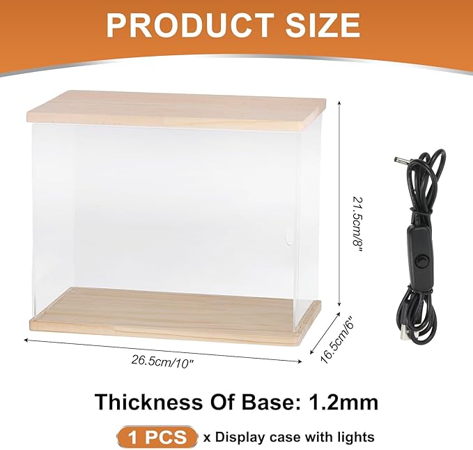 MECCANIXITY Clear Display Case, Acrylic Figure Display Case Clear Display Boxes for Collectibles, Figures Model Toys Home Storage(with Square LED Light, 10x6x8 Inch Wood Base)
