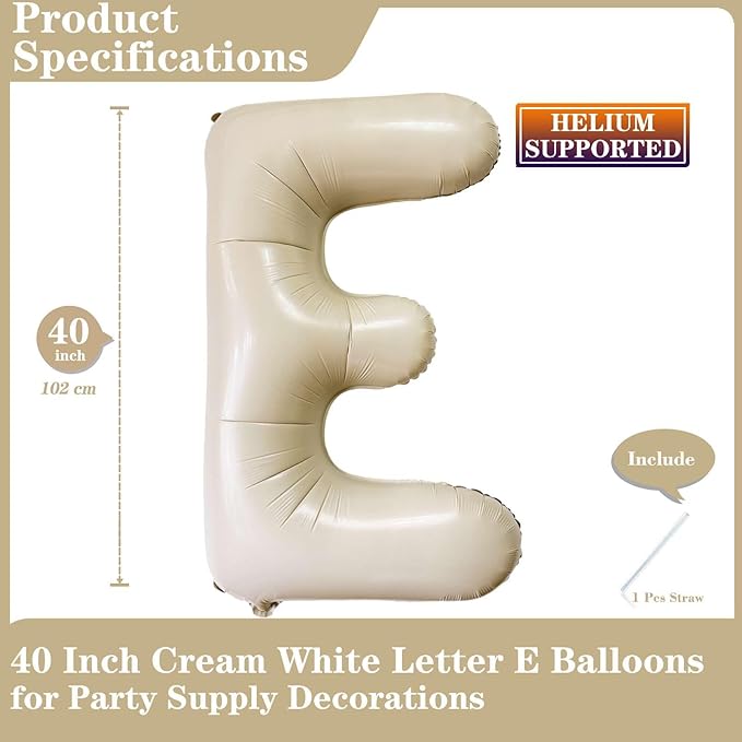 Lovoir 40 Inch Cream White Letter E Balloons, 1 Pcs, Unisex Adults, Wedding & Birthday Occasion, Letters Balloons, Mylar Foil Material, Self Sealing