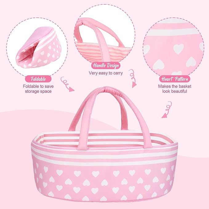 AORI Reborn Baby Dolls Bassinet - Foldable Doll Crib Bed Soft Doll Carrier Accessories with Handle for 17-22 Inches Newborn Baby Girls Pink