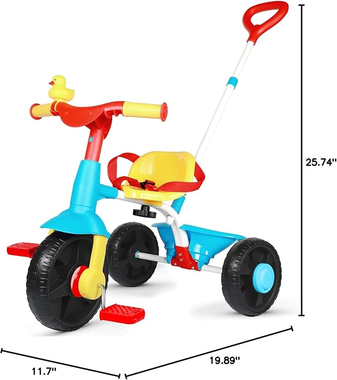 KRIDDO 2 in 1 Kids Tricycles Age 18 Month to 3 Years, Gift Toddler Tricycles for 2-3 Year Olds, Trikes for Toddlers with Push Handle and Duck Bell EVA Wheel