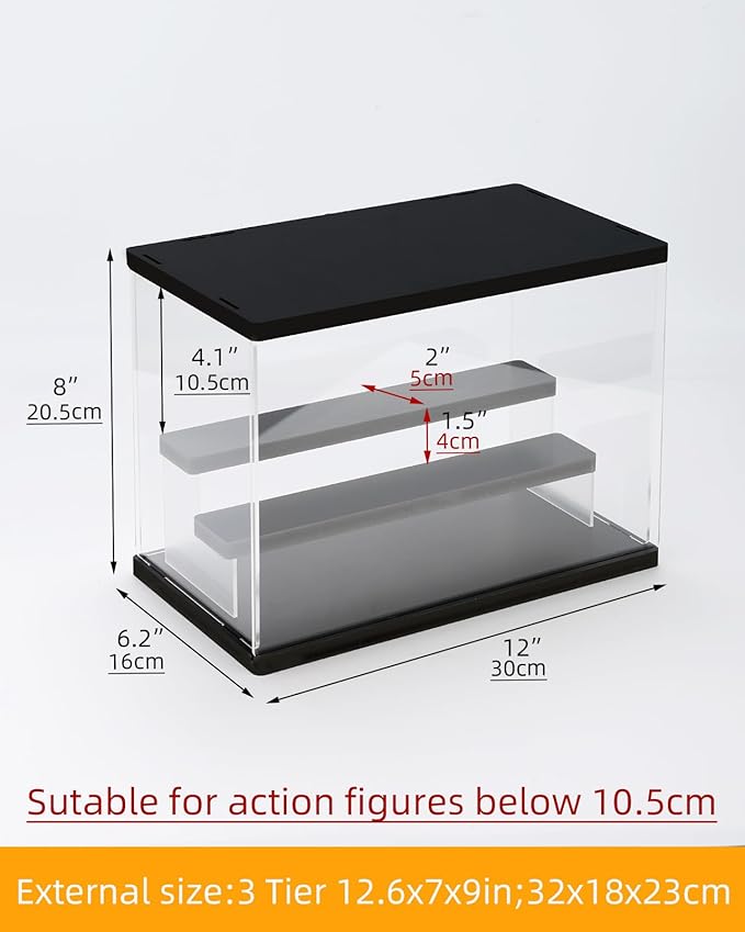 Clear Acrylic Display Case with Light , 3 Tier Display Box Stand Assembly Dustproof Protection Showcase for Collectibles Action Figures (Black 12.6×7×9in; 32×18×23cm)