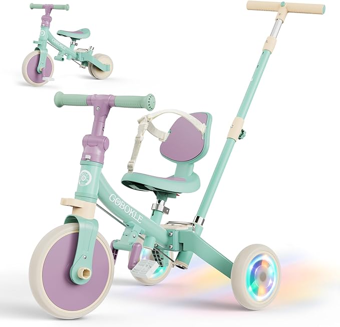 5-in-1 Tricycle for Toddlers 1-3, Convertible Toddler Bike with Push Handle & Removable Pedals, Balance Bike with Colorful Lighting Wheels, Adjustable Seat Height with Backrest(Green-Purple)