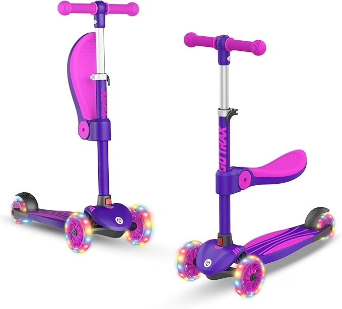 Gotrax KS3 Kids Kick Scooter, LED Lighted Wheels, Adjustable Height Handlebars and Removable Seat, Lean-to-Steer & Widen Anti-Slip Deck, 3 Wheel Scooter for Kids Ages 2-8 and up to 110 Lbs