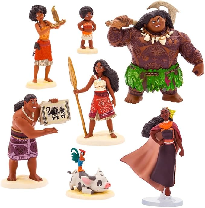 Disney Store Official Moana 2 Figure Set – 7 Fully Sculpted Disney Figures Including Moana, Simea, Maui, Pua with Heihei, Matangi, Loto & Moni with Scenic Backgrounds