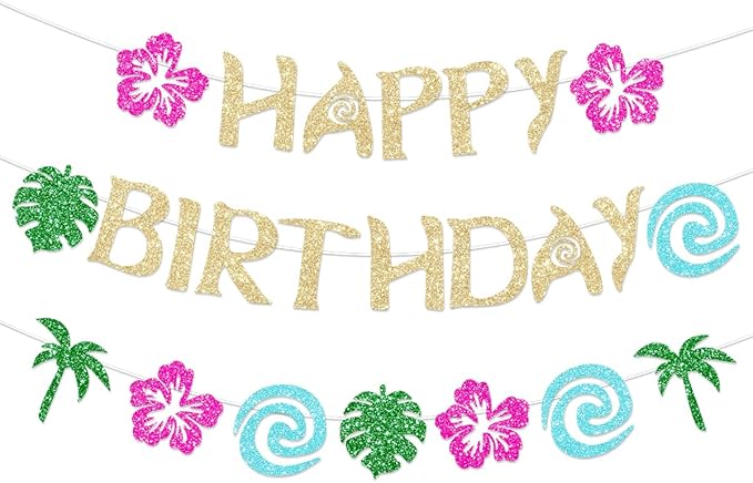 Hawaiian Moana Birthday Banner Party Decoration Glittery Gold for Happy Birthday Tropical Luau Summer Baby Shower Decor
