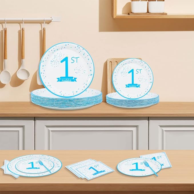 1st Birthday Decorations for Boys Blue First Birthday Party Tableware Set Baby boy Party Dessert Plates Napkins for 25 Guests