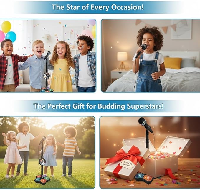 The All-in-One Microphone Toy, Funny Kids Microphone with Adjustable Stand, Speaker & Colorful LED, Multi-Functional Karaoke Microphone Toy for Boys & Girls, Gifts for Little Singers (1-Blue)