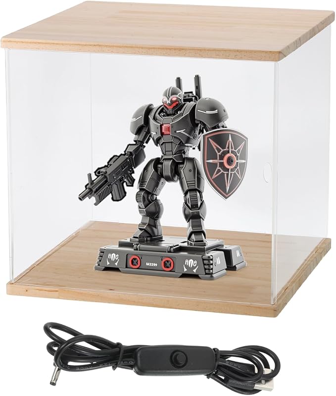 MECCANIXITY Clear Display Case, Acrylic Figure Display Case Clear Display Boxes for Collectibles, Figures Model Toys Home Storage(with Square LED Light, 8x6x7 Inch Wood Base)