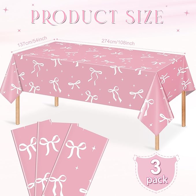 3Pcs Coquette Party Tablecloths Decorations,White Bow Plastic Table Cover Disposable Rectangle Table Cloth for Girls Birthday Bridal Wedding Party Supplies,54x108 Inch