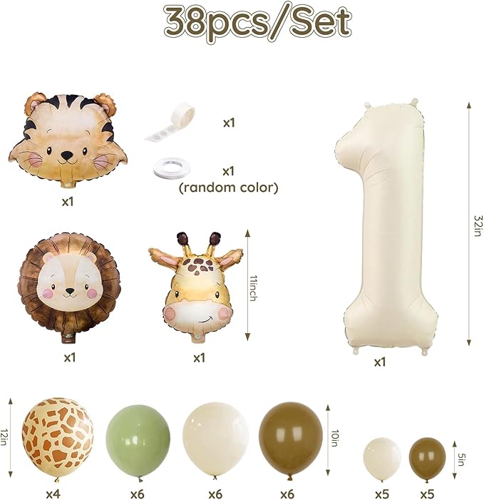 Jungle Safari Birthday Balloons, Animal Balloons Birthday Party Supplies for Safari Birthday Wedding Shower Party Decorations (Cream, Number 1)