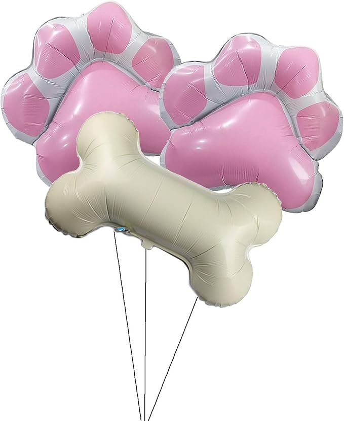3 Pcs Dog Party Balloons with 2Pcs Pink Paw Shaped Mylar and 1Pcs Bone Shaped for Baby Shower Kids Birthday Pets Decoration