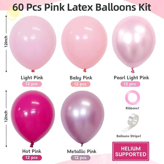 Pink Balloons 60 PCS 12 Inch Hot Pink Balloons Light Baby Pink Metallic Pink Latex Balloons for Girls Birthday Party Baby Shower Bridal Shower Wedding Party Decoration