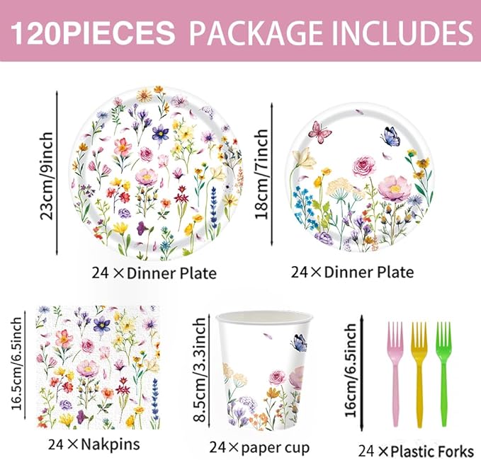 120Pcs Wildflower Plates Napkins Flower Birthday Party Supplies Floral Baby Shower Decorations Watercolor Colorful Cups Forks Spring Paper Disposable Tableware Set for 24 Guests