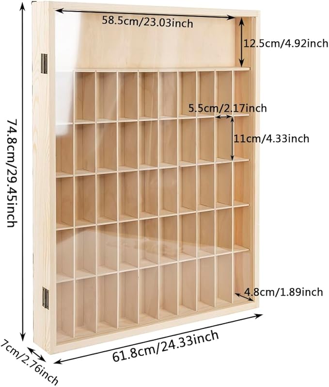 1:64 Scale Toy Car Display Case Organizer Storage with Acrylic Transparent Door, Wooden Wheel Rack Wall Mounted with 51 Compartments for Toy Car, Collectibles, Figurines (61.8x74.8x7cm)