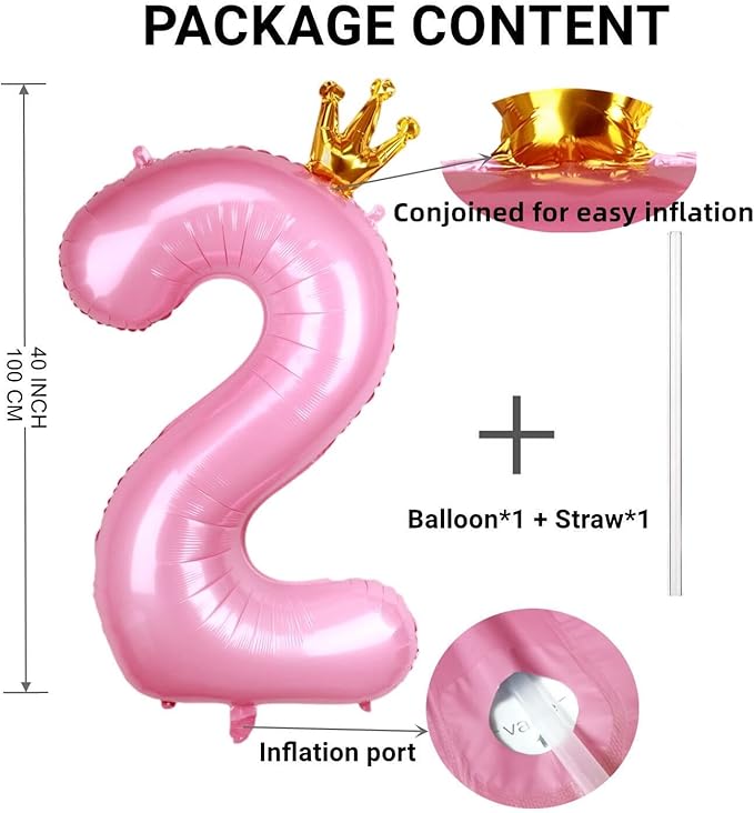 40 Inch Crown Pink Number 2 Balloon, Big Conjoined Baby Pink Foil Mylar Helium 2 Balloon for Girls 2nd Birthday Party Decorations Princess Theme Party Supplies Favors Anniversary Decor