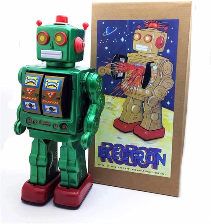 Charmgle Retro Tin Toys Walking Robot, Electric Rotating Desk Robot with Gun Fire Sound, Adult Collection Birthday Gifts Party Favor Handmade Robots Green