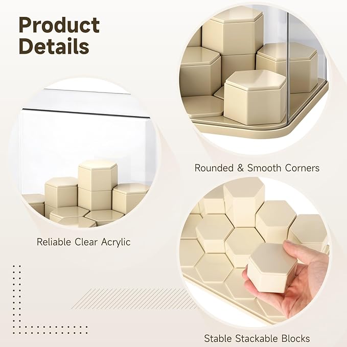 DIY Stackable Figure Display Case, Acrylic Display Box with 14 Movable Hexagonal Blocks, Large Dustproof Showcase Box, Clear Display Cabinet for Collectibles Action Figures Miniatures