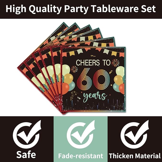 96Pcs Vintage 60th Birthday Decorations Tableware Set Back in 1966 Paper Plates Napkins Forks Cheers to 60 Years Disposable Tableware Decor for Women Men 60th Birthday Party Favor Serve 24 Guests