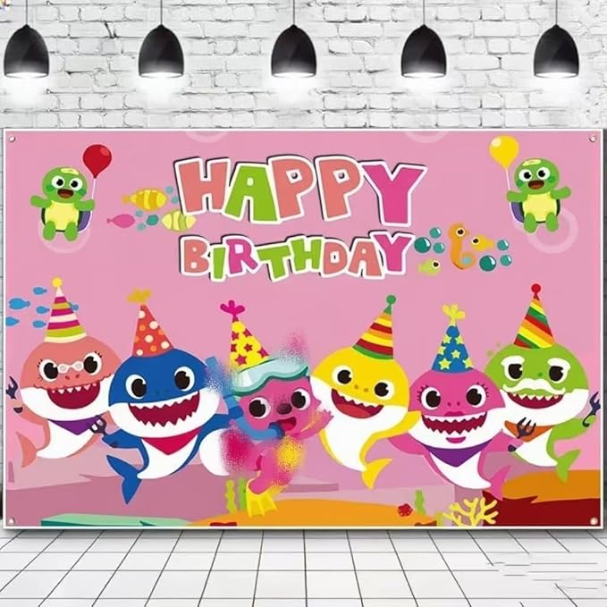 Baby Birthday Party Shark Background (71 inches * 47 inches), Blue Cartoon Ocean Photo Background for Baby Gifting Party Decoration, Shark Decorations and Party Supplies (Pink) (Pink)