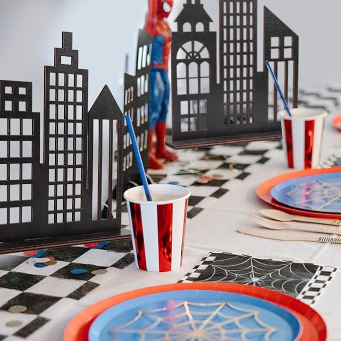 6 Pcs Super Hero Party Decorations, 2 Style Wooden Hero Theme Skyscrapers Table Decorations, City Skyline Buildings Centerpiece Sign Decor for Hero Theme Comic Birthday Party Supplies