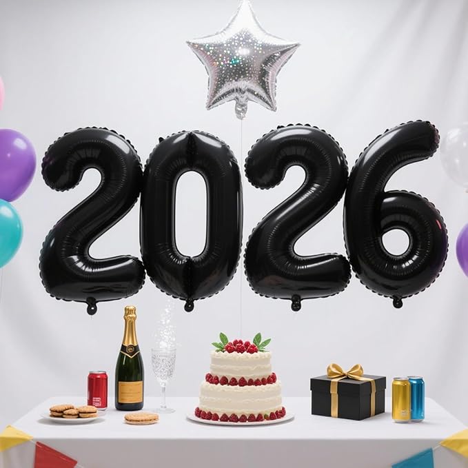2026 Balloon Jumbo 2026 Black Number Foil Balloons Graduation Balloons Durable Reusable Easy to Inflate for New Year Graduation Birthday&Anniversary Parties