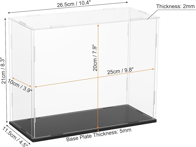 uxcell Acrylic Clear Display Case for Collectibles Self-Assemble Display Boxes, Black Base Dustproof Countertop Storage Box for Collectibles Action Figures, 9.8 x 3.9 x 7.9 Inch