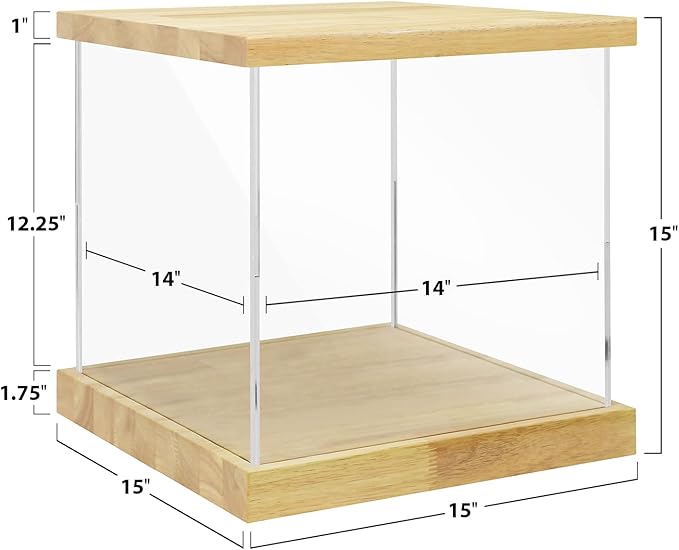 BenchPro Clear Acrylic Display Case for Trophy, Collectibles, Assemble Cube Display Box Stand Dust Proof Protection Showcase for Action Figures Toys. (1.75" & 1" Thick Wood, 15" H x 15" L x 15" D)