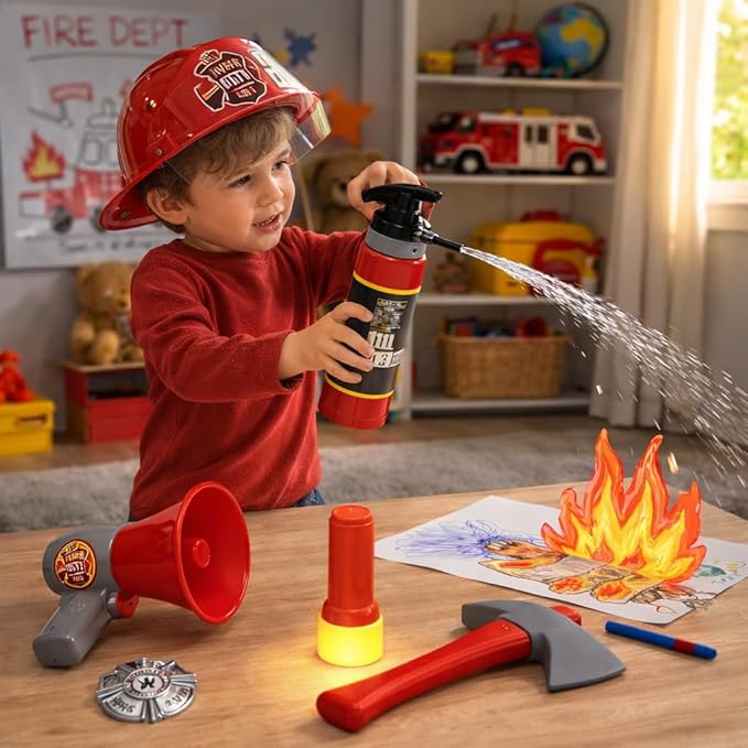 Liberty Imports 10 PCs Fireman Gear Firefighter Costume Role Play Career Dress Up Starter Toy Accessories Pretend Play Set with Helmet, Tools for Kids, Toddlers