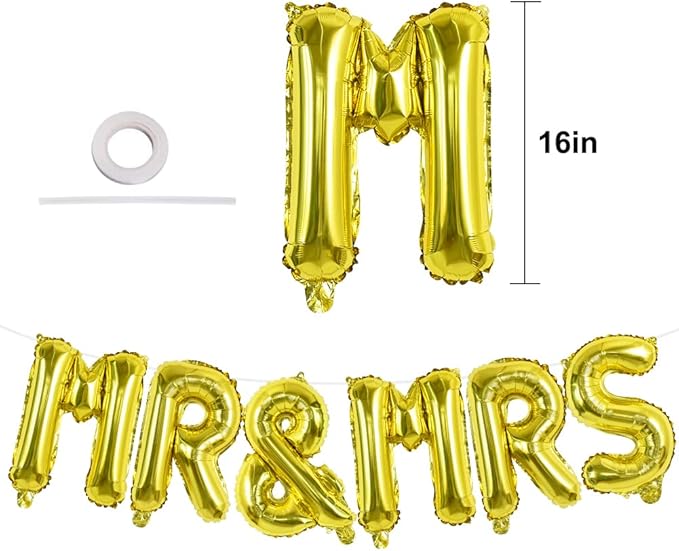TONIFUL Mr&Mrs Letter Balloons - 16inch Gold Wedding Foil Balloons for Bachelorette Party Anniversary Couple Sweetheart Party