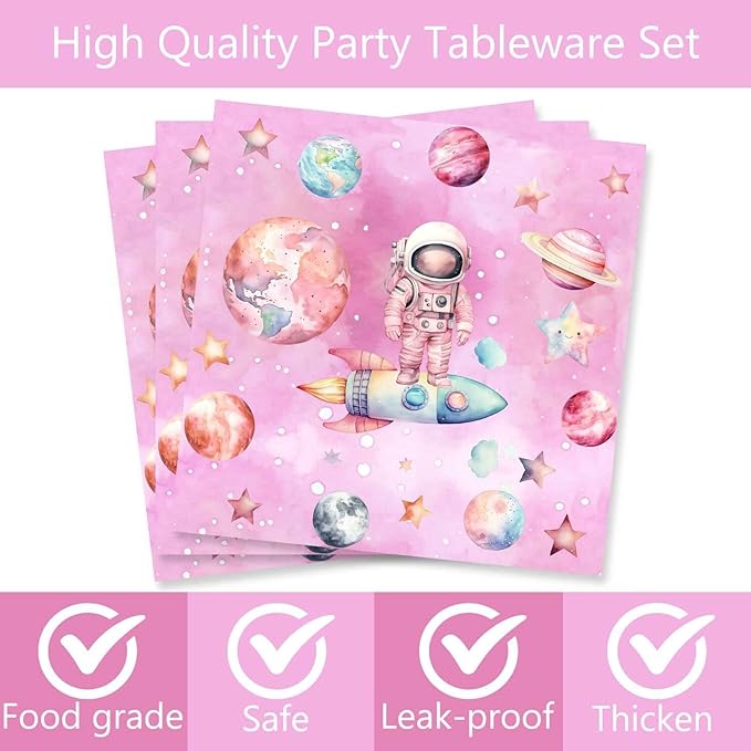 51 Pcs Outer Space Girls 2nd Birthday Party Supplies - Two The Moon Decorations & Tableware Includes Table Cloth, Plates, Napkins, Forks for Pink Space Two Years Old Party