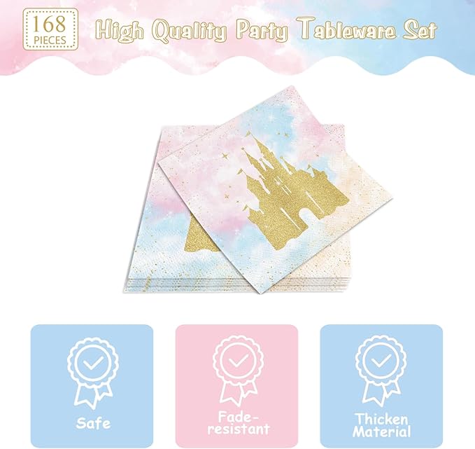 168pcs Princess Party Decorations Castle Paper Plates Napkins Disposable Tableware Set Paper Cups Watercolor Pastel Rainbow Princess Castle Birthday Party Supplies Serves 24