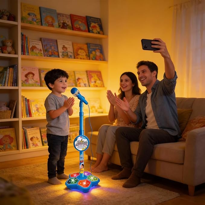 2026 New Star Microphone with Stand, Built-in Music & Colorful Lights, Echo Effects Portable Karaoke Machine, Kid-Friendly Singing Toy for Music Play (Blue)