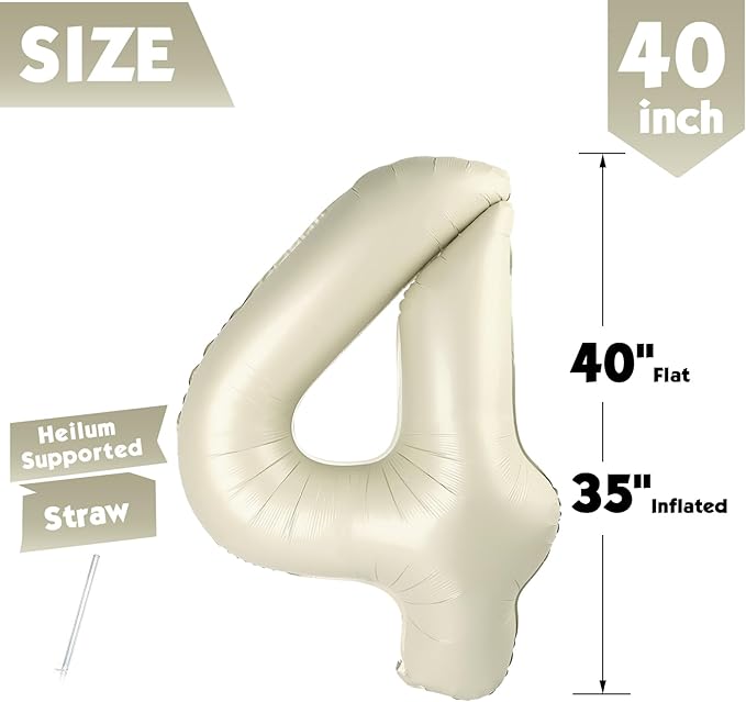 40 Inch Cream Number 4 Balloon, Giant 4 Number Balloons for 4th Birthday Decorations, Party Supplies for Baby Boy Girl, Cream Party Decor
