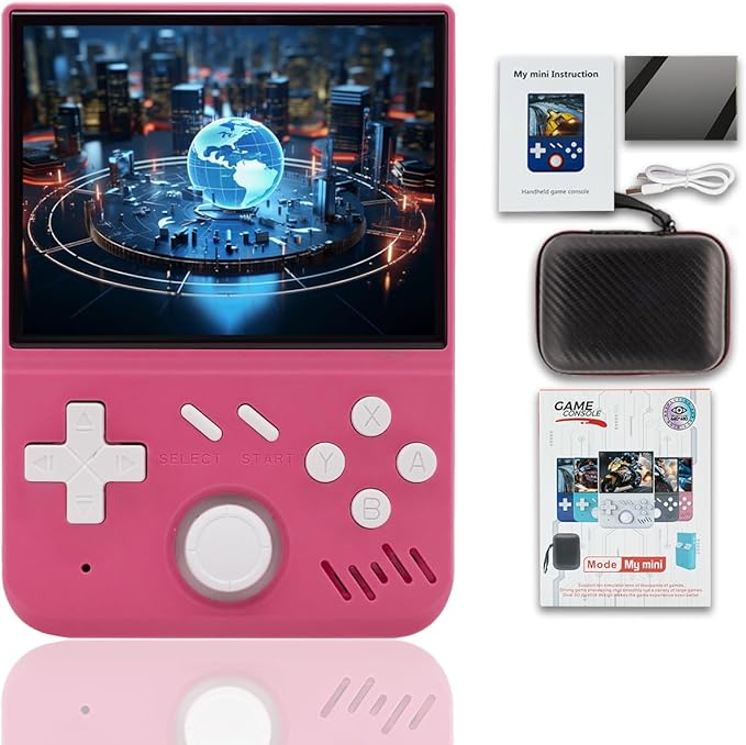 My Mini Handheld Game Console 3.5-in 640*480 IPS OCA Screen RK3326 4000mAh mymini with Portable Case Pink-64GBVer.