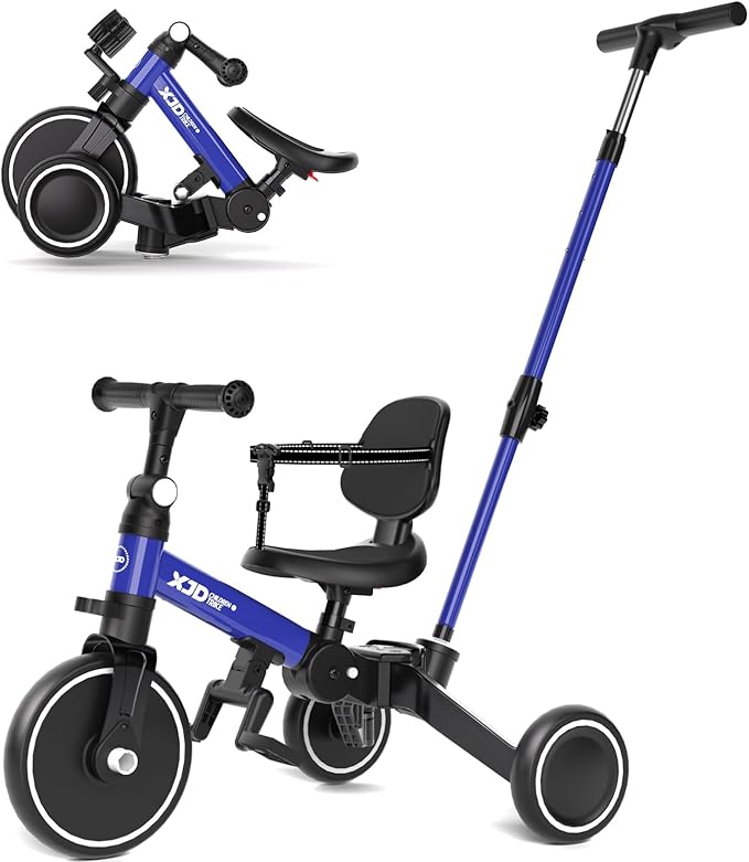 XJD Toddler Bike, 6 in 1 Folding Toddler Tricycle for 1-4 Year Old with Parental Control Handle, Balance Bike with Removable Pedal, Backrest, Adjustable Seat Height, First Birthday Gifts (Blue)