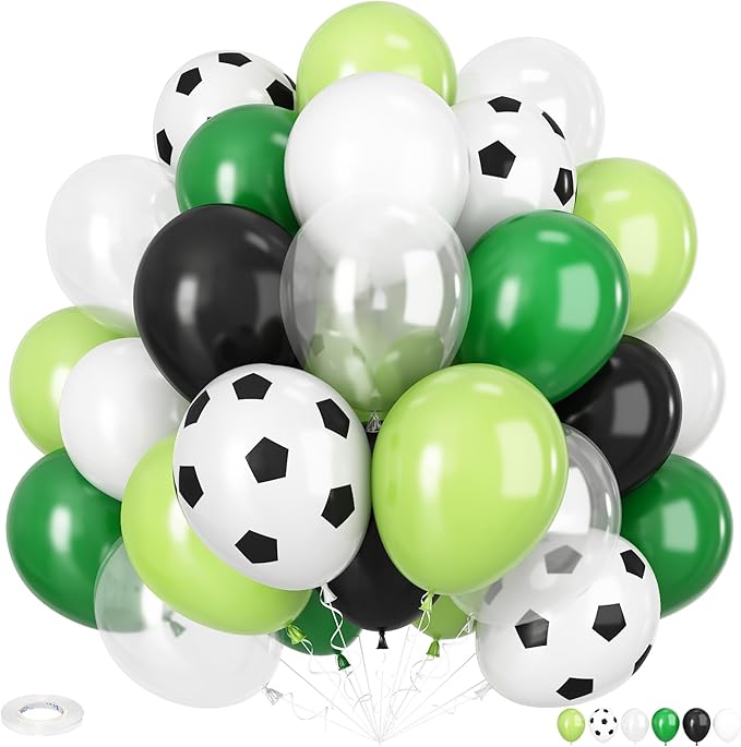Soccer Birthday Party Balloons, 12 Inch Soccer Printed Balloons Dark Green and Black Balloons Clear Green and White Balloon for Boys Football Soccer Party Sports Anniversary Baby Shower Decorations