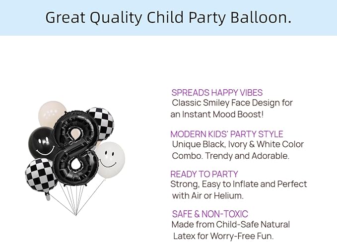 100% LIKED-One Happy Dude Balloon Set, 40” Black Number|Black & White Smiley Face Latex |Checkered Foil for One Happy Dude Birthday Decorations, Baby Shower, 8th Birthday Party Supplies (Black8th)