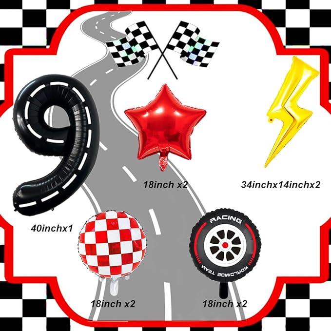 Race Car Birthday Party Decorations Large Lightning Bolt Foil Balloons Race Car Balloons 40 Inch Racetrack Number 9 Balloon for Boys 9th Race Car Birthday Party Decor Supplies