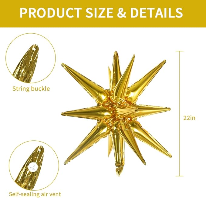 TONIFUL 4 Pcs 22inch 4D Huge Gold Star Balloons Explosion Star Mylar Foil Balloons for Party Supplies Backdrop Christmas,New Year,Birthday, Wedding,Photo Booth Ornament