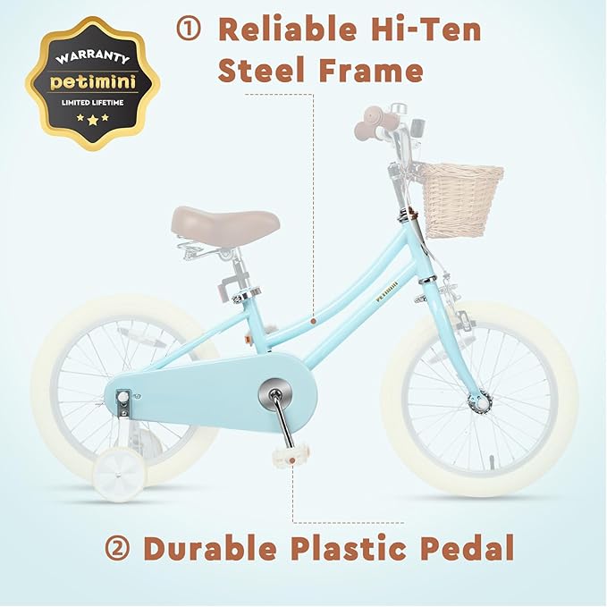 Petimini Vintage Kids Bike for Girls, 12–20 Inch Classic Bicycle with Wicker Basket & Bell, High Tensile Steel Frame, Training Wheels (12–18”), 85% Pre-Assembled, Retro Bike for Outdoor Riding