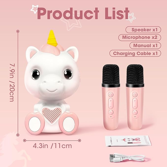 Mini Karaoke Machine for Kids - Unicorn Portable Bluetooth Speakers with 2 Wireless Mic and LED Light, Toddler Karaoke Machine for Girls 3-5 6 8-12 Year Old, Unicorn Birthday Gifts Toys Pink