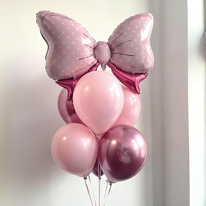 Pink Bow Balloons Different Sizes, Pink Mouse Birthday Decorations Large Polka Dot Bow Foil Mylar Balloons for Girls Kids Cartoon Mouse Theme Oh Twodles Birthday Baby Shower Gender Reveal Party