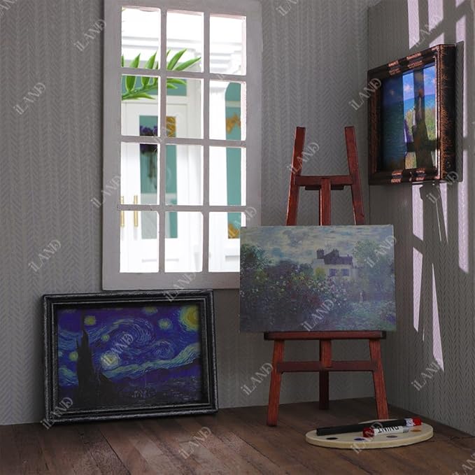 iland Miniature Dollhouse Accessories for Dollhouse Furniture on 1:12 Scale, Frames w/Printed Classic Impressionist Paintings Set (4 Frames & Impressionist Paintings)