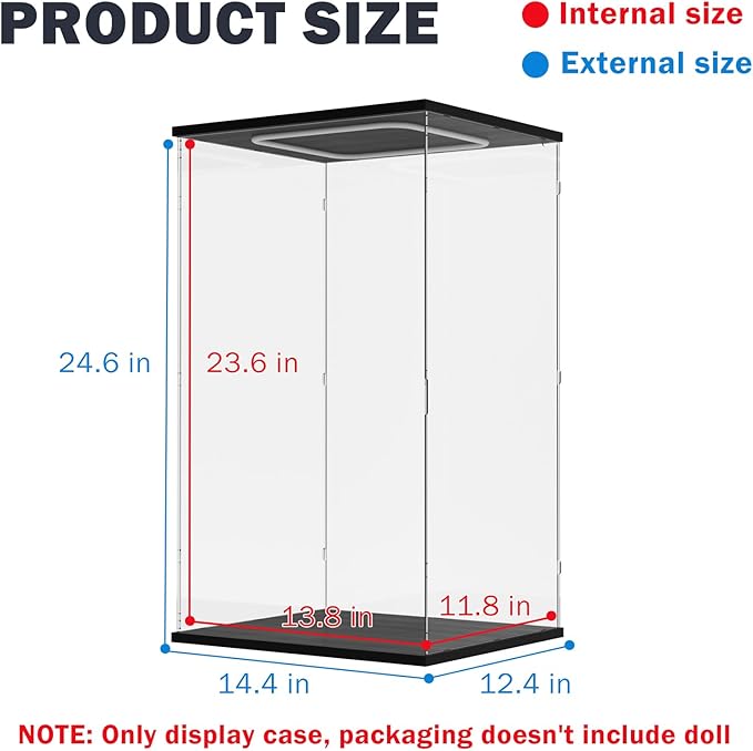 Nynelly Acrylic Display Case for Zimomo Labubu with Light, Clear Display Box for Large Collectibles Doll, Assemble Dustproof LED Showcase Storage Box with Door, 13.8x11.8x23.6in, Black