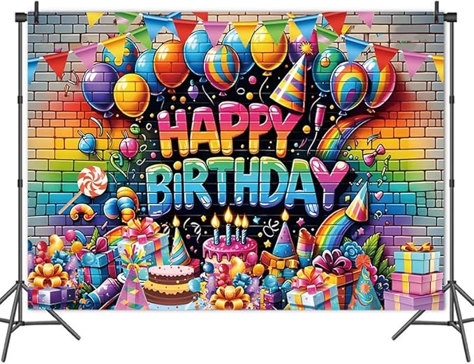 Graffiti Brick Wall Happy Birthday Backdrop Decorations Colorful Balloons Cake Gift Boxs Banner Photo Background for Home Indoor Outdoor Birthday Party Decorations Supplies for Kids 70.8 x 47.2 Inch