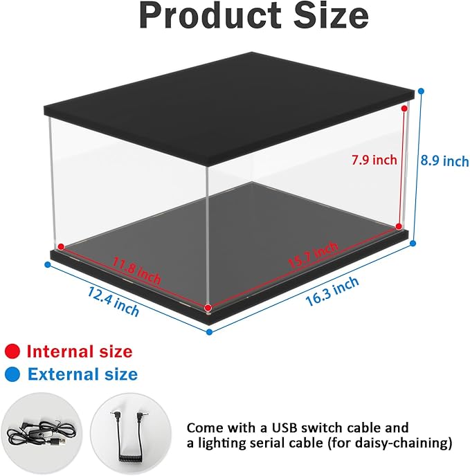 Nynelly Acrylic Display Case for Collectibles, Lighted Clear Lego Display Box for Star Wars 75402 75301 75292, Lego 21327 21319, Assemble Dustproof Countertop Showcase for Figurine, 15.7x11.8x7.9 in