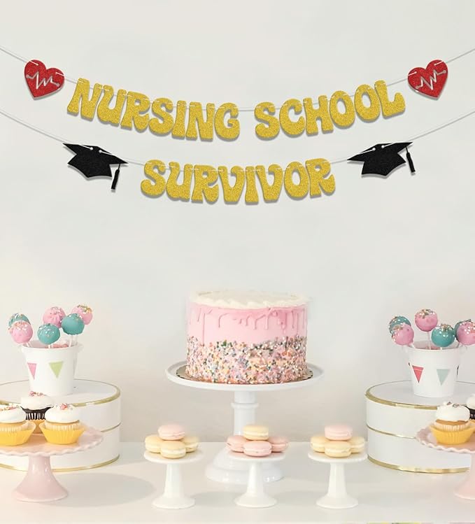 Nursing School Survivor Banner,Class of 2024 Congrats Nurse Party Decorations,Class of 2024 Nursing School Graduation Party Supplies Gold Red Black