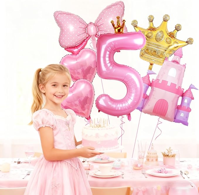 Princess Balloons for 5th Birthday Decorations Girl Castle Balloons Large Pink Crown Number 5 Balloon Pink Foil Balloon for Princess Birthday Party Decorations Supplies